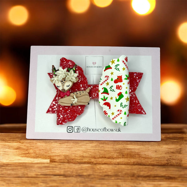 Christmas reindeer with bow hair bow