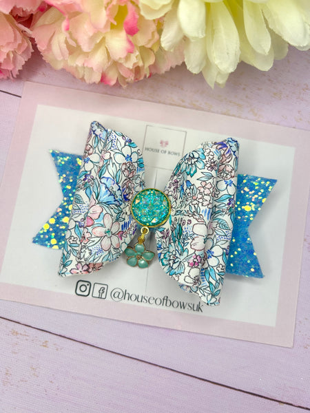 Blue flower hair bow